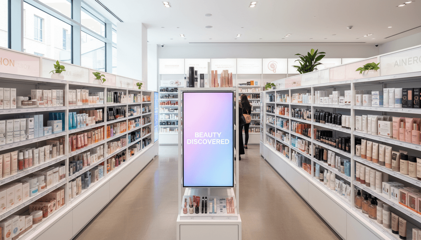 Store shelves stocked with beauty products at Henit Beauty Supply