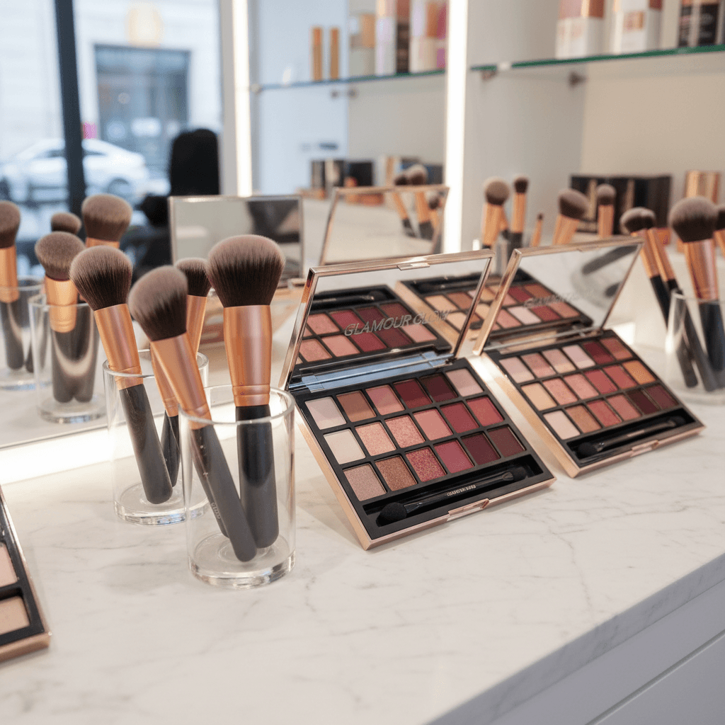 close up of makeup brushes and cosmetic palettes displayed in a clean shop display