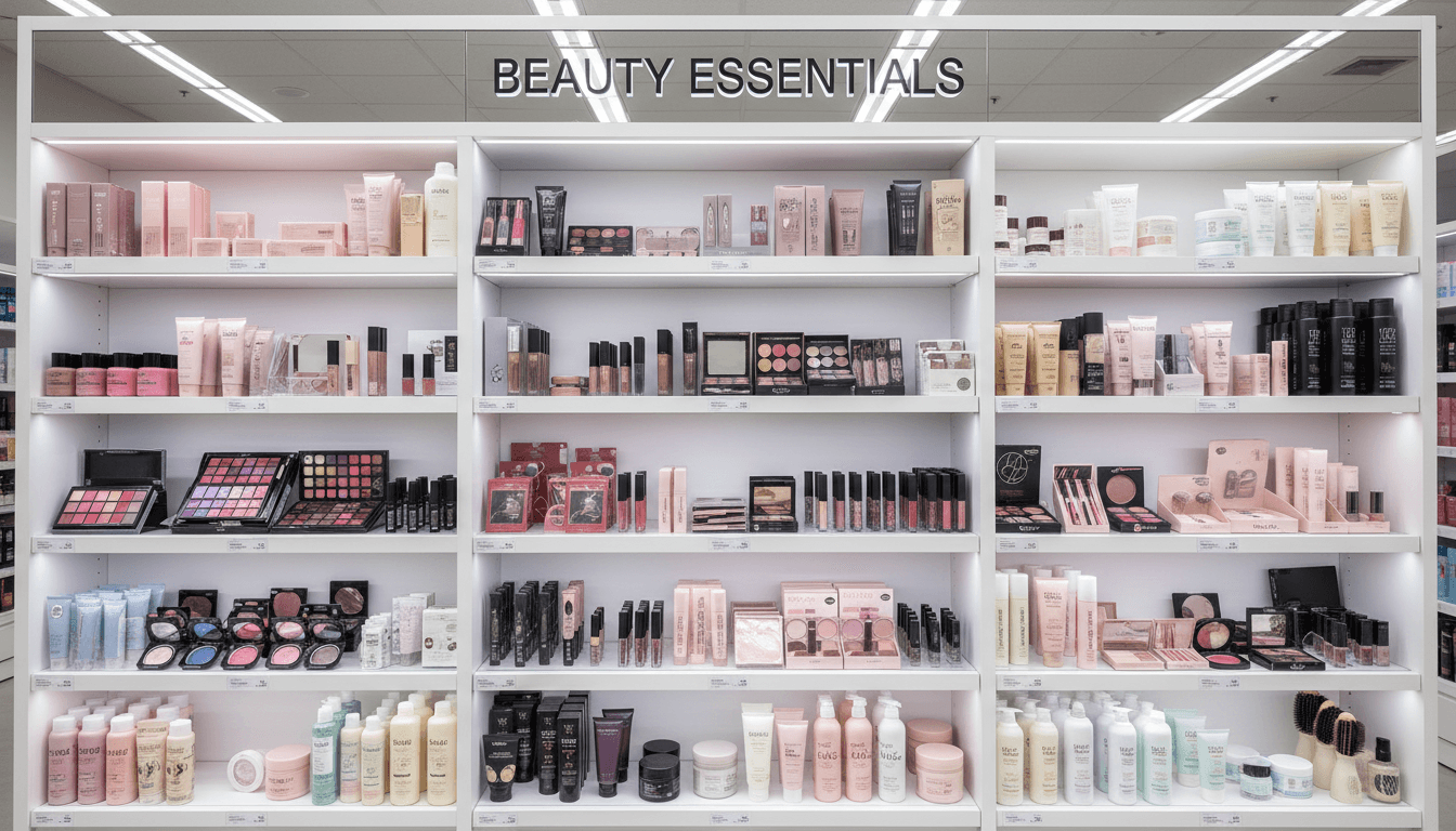 Colorful beauty products lined up on shelves in a bright retail store