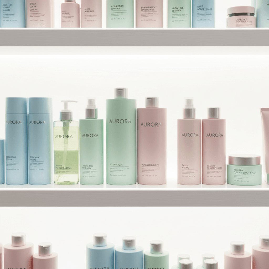 assorted hair care product bottles arranged neatly on a bright retail store shelf