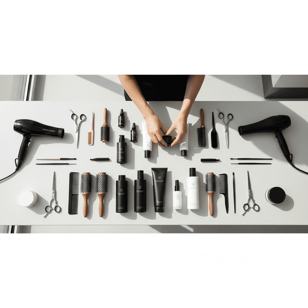 Professional clippers and styling tools on a display rack