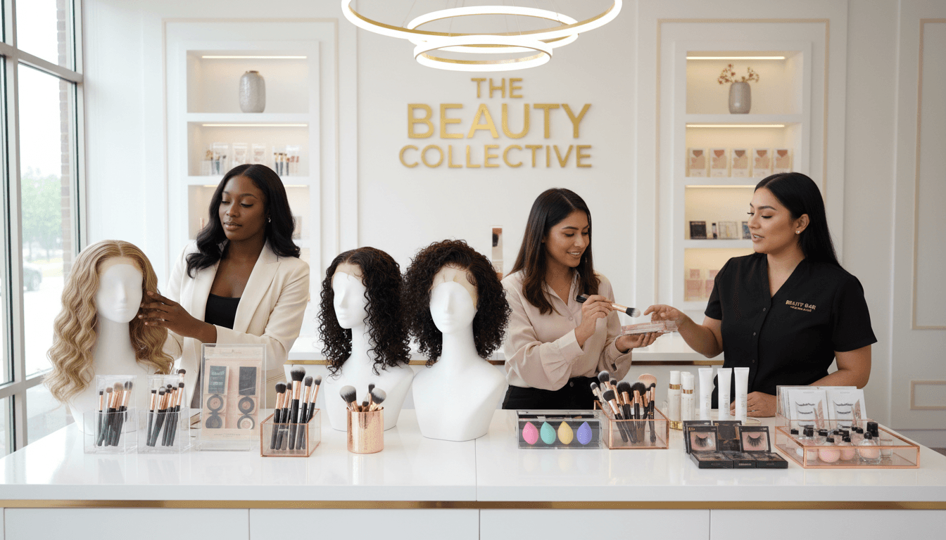 Shelves stocked with beauty and hair care products in a bright retail store