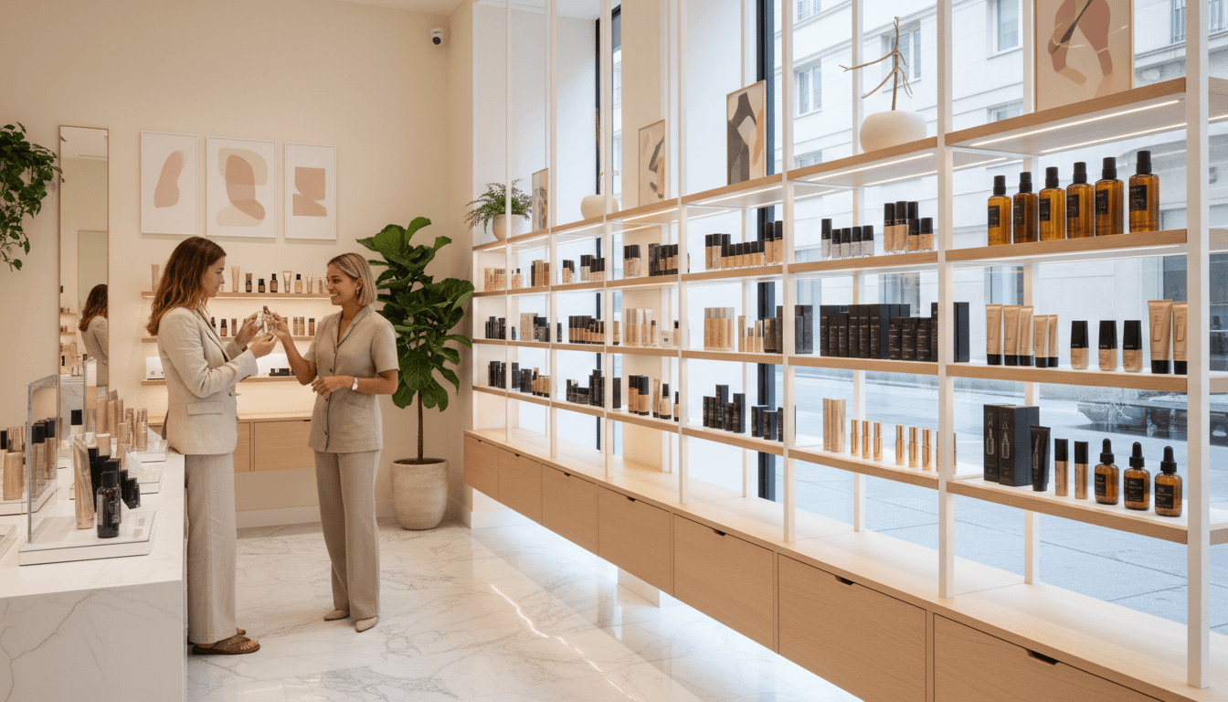 Bright beauty supply store interior with shelves stocked with hair care and cosmetics