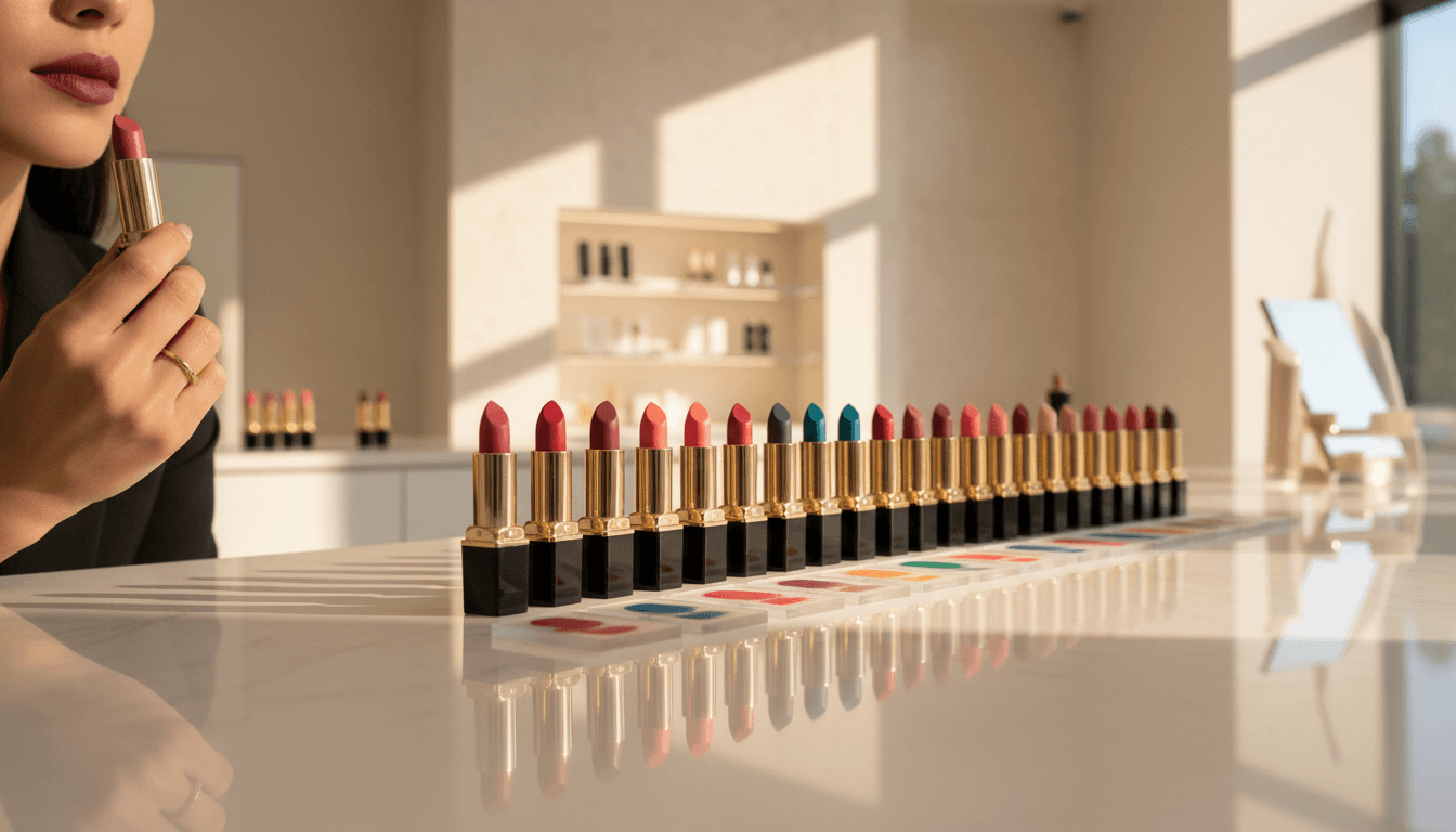 Cosmetics and makeup products arranged on a counter
