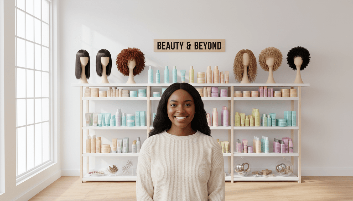 well stocked beauty supply store shelves with hair care and cosmetic products