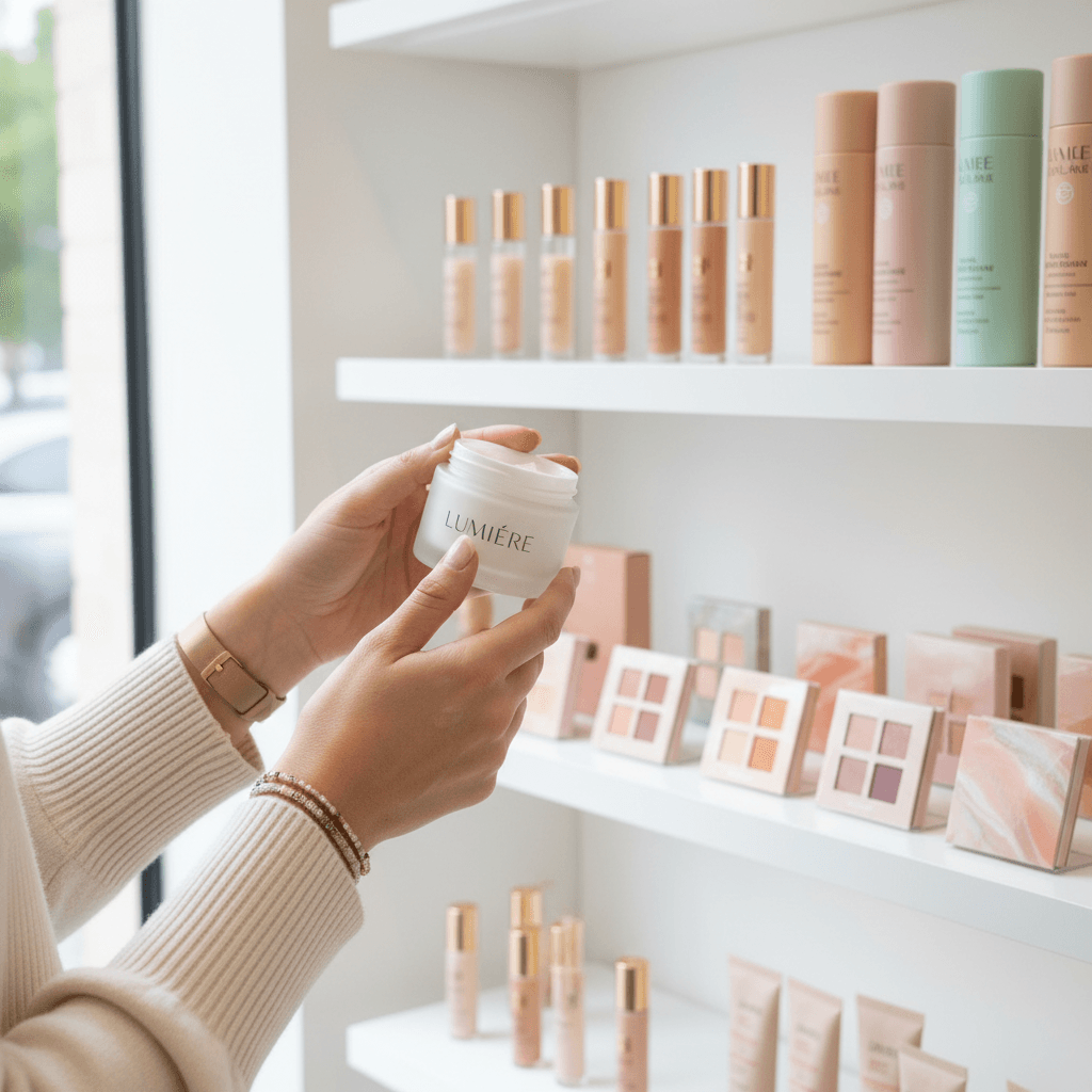 Customer looking at makeup and cosmetics in a bright store